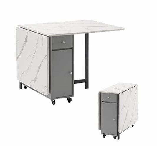 Folding Dining Table, Foldable Table for Space Saving, Drop Leaf Dining Table with 2 Drawers and 4 Wheels, Extendable Dining Table for Living Room, Kitchen, Farmhouse(Grey Marble )