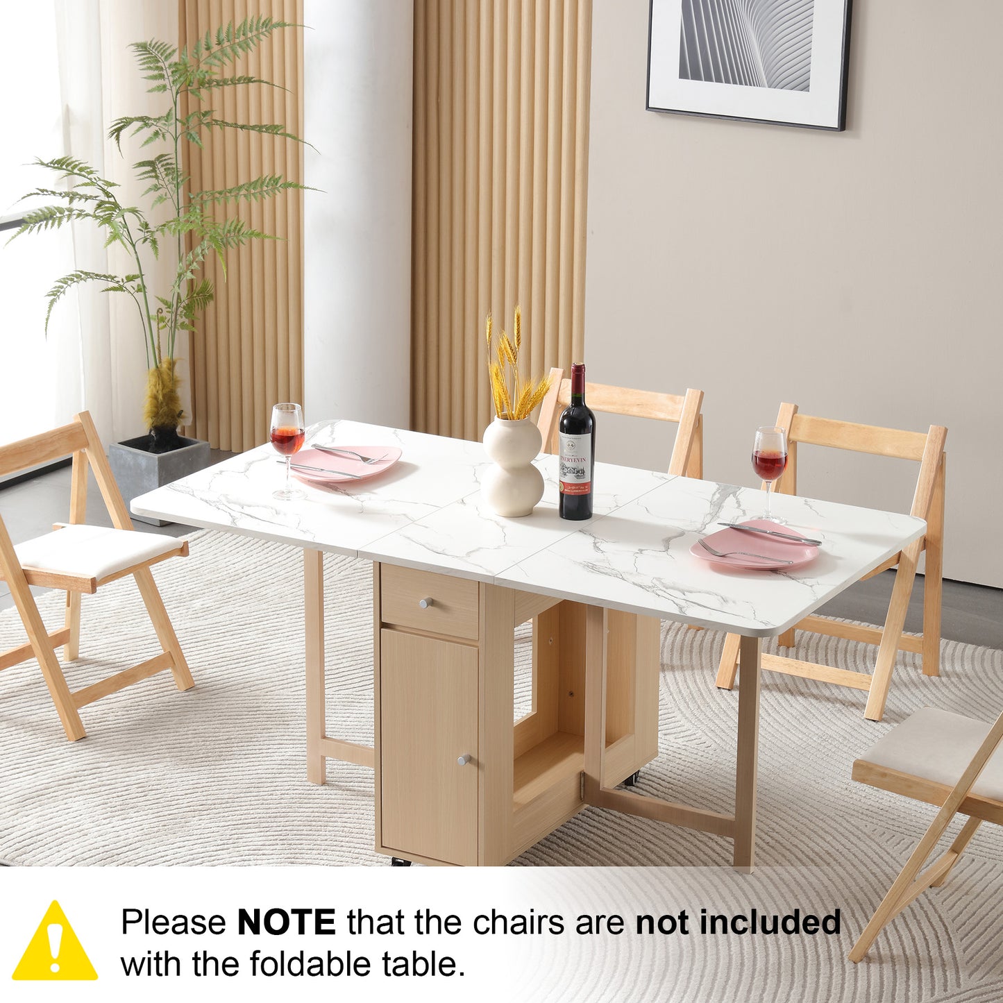 Folding Dining Table, Foldable Table for Space Saving, Drop Leaf Dining Table with 2 Drawers and 4 Wheels, Extendable Dining Table for Living Room, Kitchen, Farmhouse(Wood Marble)