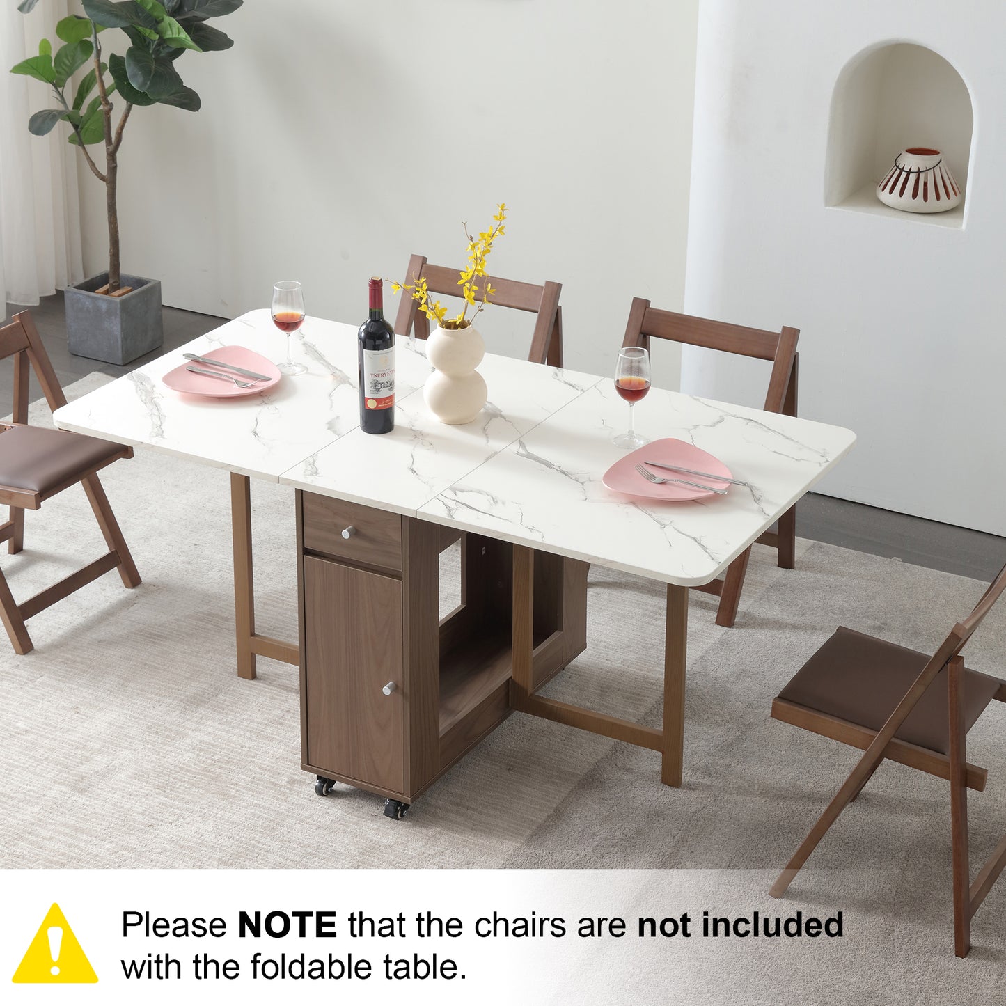 Folding Dining Table, Foldable Table for Space Saving, Drop Leaf Dining Table with 2 Drawers and 4 Wheels, Extendable Dining Table for Living Room, Kitchen, Farmhouse(Walnut Marble)
