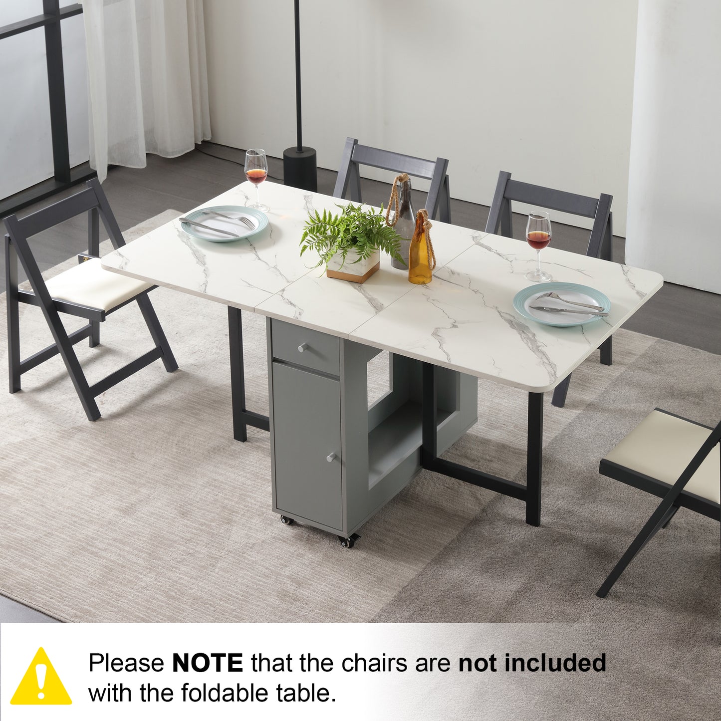 Folding Dining Table, Foldable Table for Space Saving, Drop Leaf Dining Table with 2 Drawers and 4 Wheels, Extendable Dining Table for Living Room, Kitchen, Farmhouse(Grey Marble )