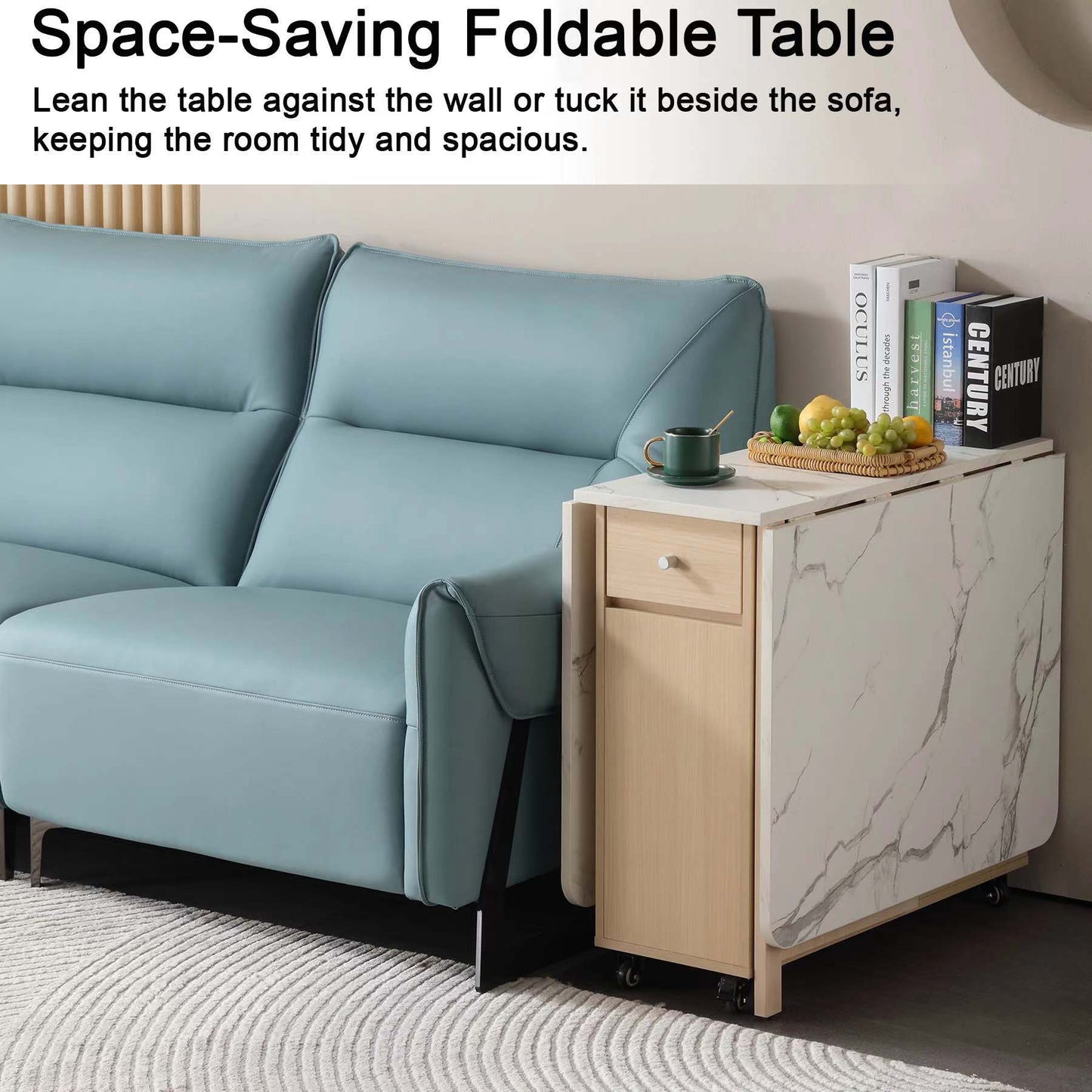 Folding Dining Table, Foldable Table for Space Saving, Drop Leaf Dining Table with 2 Drawers and 4 Wheels, Extendable Dining Table for Living Room, Kitchen, Farmhouse(Wood Marble)