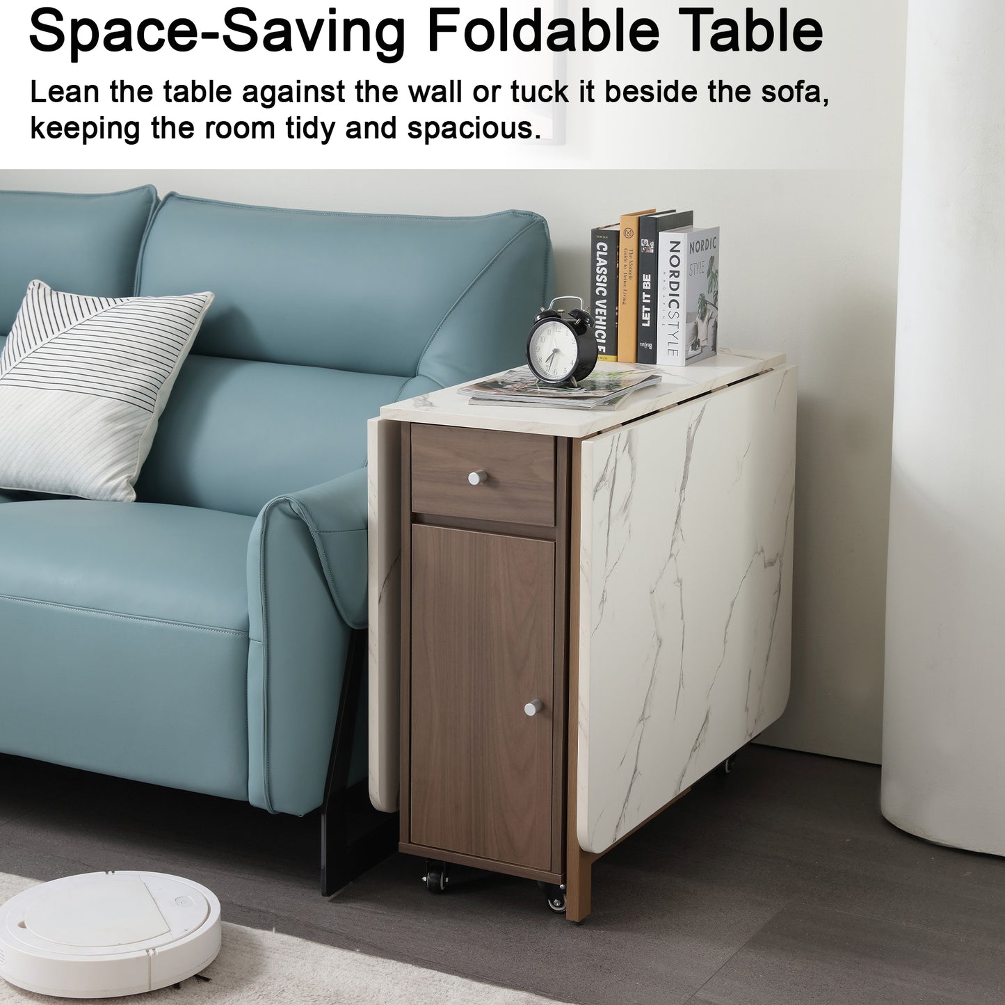 Folding Dining Table, Foldable Table for Space Saving, Drop Leaf Dining Table with 2 Drawers and 4 Wheels, Extendable Dining Table for Living Room, Kitchen, Farmhouse(Walnut Marble)
