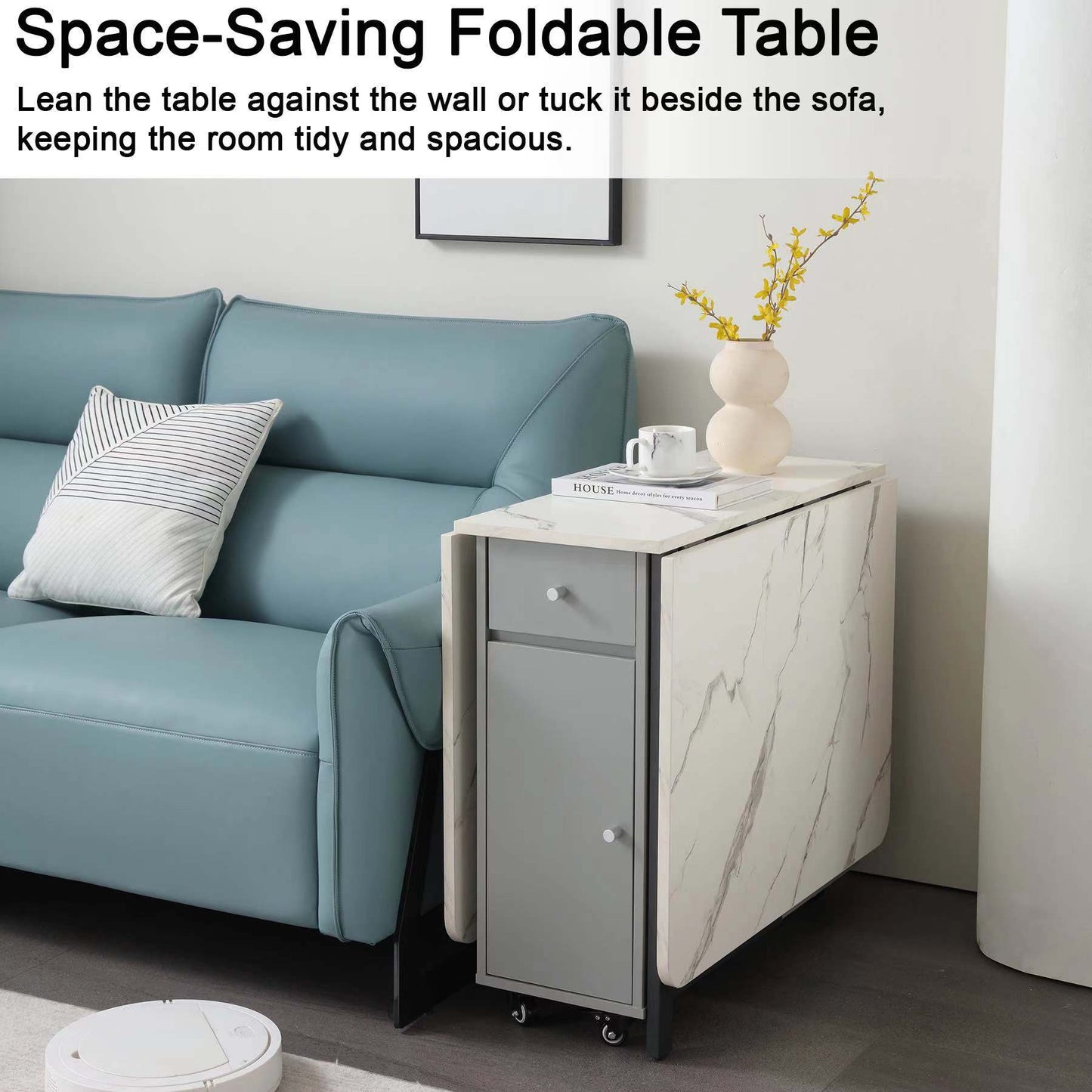 Folding Dining Table, Foldable Table for Space Saving, Drop Leaf Dining Table with 2 Drawers and 4 Wheels, Extendable Dining Table for Living Room, Kitchen, Farmhouse(Grey Marble )