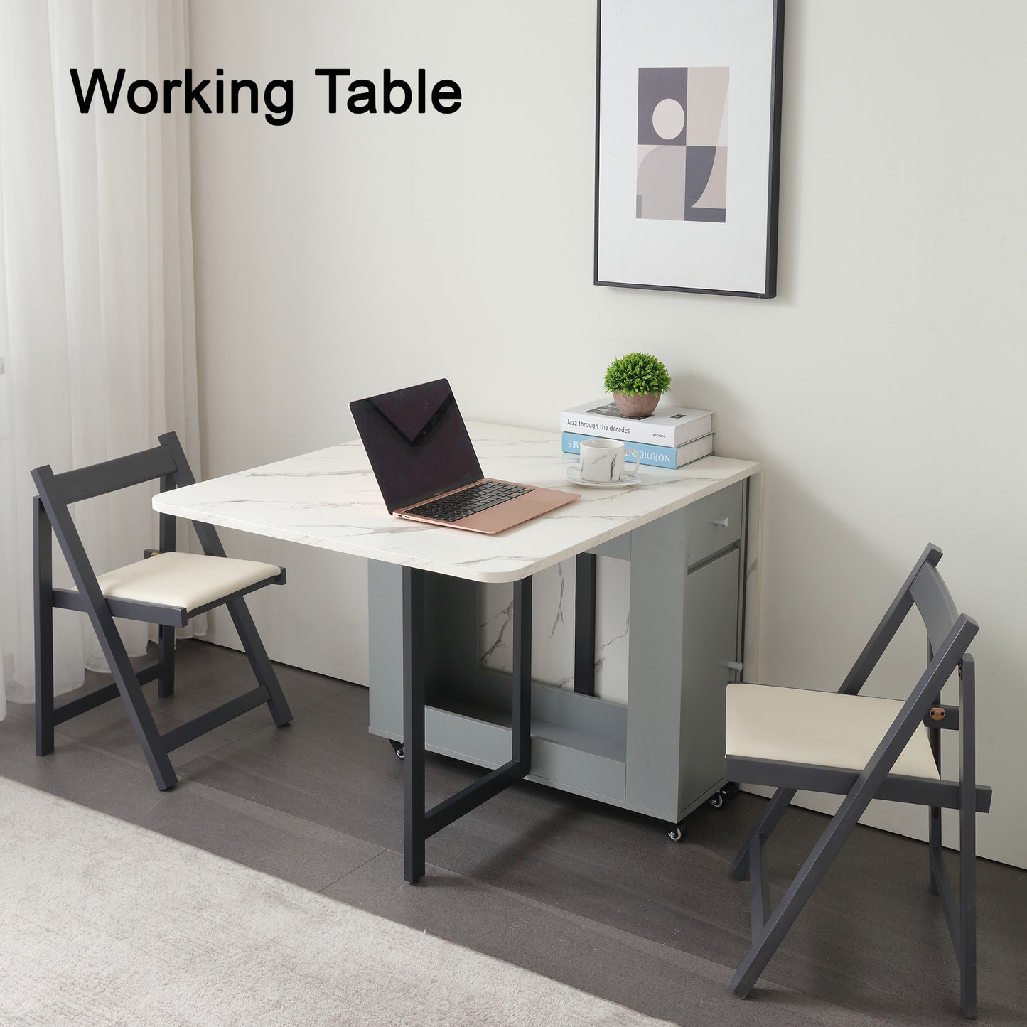 Folding Dining Table, Foldable Table for Space Saving, Drop Leaf Dining Table with 2 Drawers and 4 Wheels, Extendable Dining Table for Living Room, Kitchen, Farmhouse(Grey Marble )