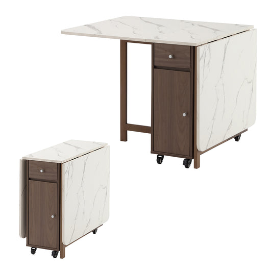 Folding Dining Table, Foldable Table for Space Saving, Drop Leaf Dining Table with 2 Drawers and 4 Wheels, Extendable Dining Table for Living Room, Kitchen, Farmhouse(Walnut Marble)