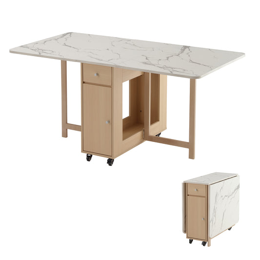 Folding Dining Table, Foldable Table for Space Saving, Drop Leaf Dining Table with 2 Drawers and 4 Wheels, Extendable Dining Table for Living Room, Kitchen, Farmhouse(Wood Marble)