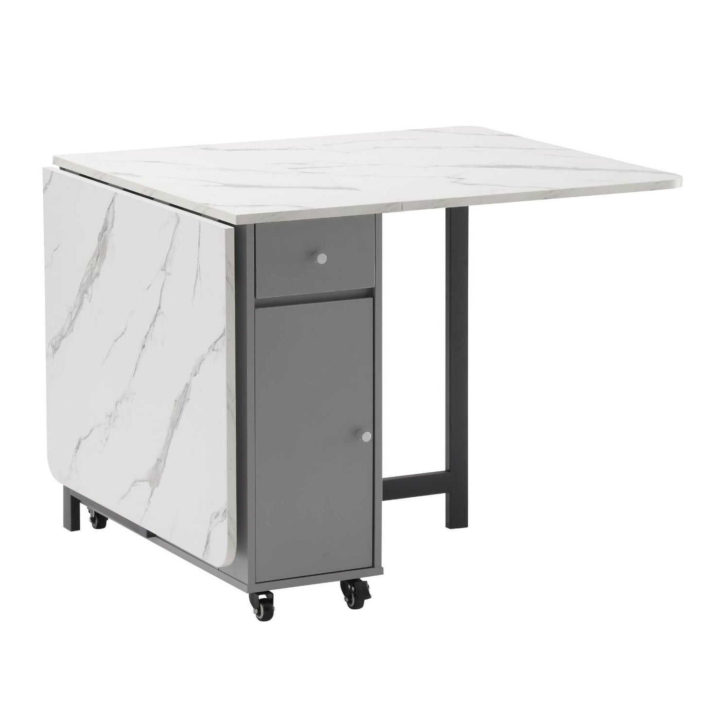 Folding Dining Table, Foldable Table for Space Saving, Drop Leaf Dining Table with 2 Drawers and 4 Wheels, Extendable Dining Table for Living Room, Kitchen, Farmhouse(Grey Marble )