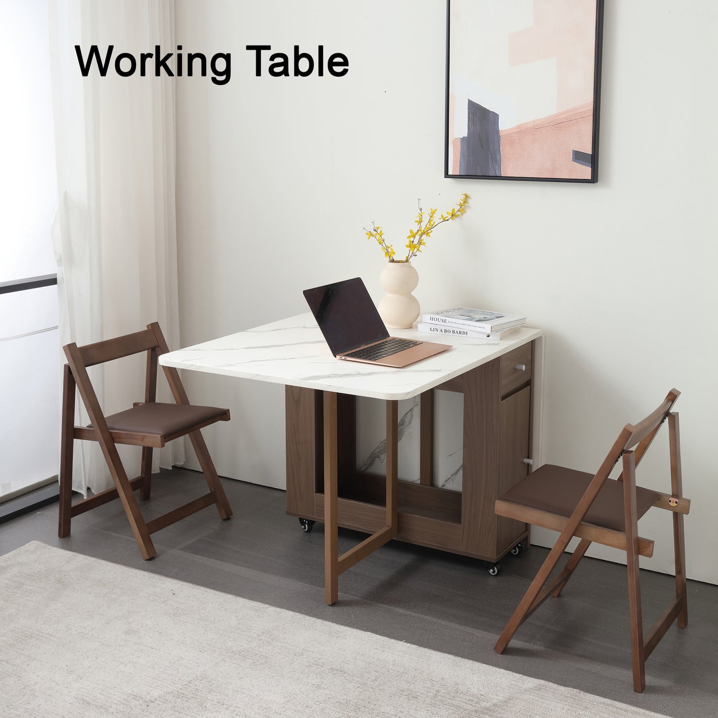 Folding Dining Table, Foldable Table for Space Saving, Drop Leaf Dining Table with 2 Drawers and 4 Wheels, Extendable Dining Table for Living Room, Kitchen, Farmhouse(Walnut Marble)