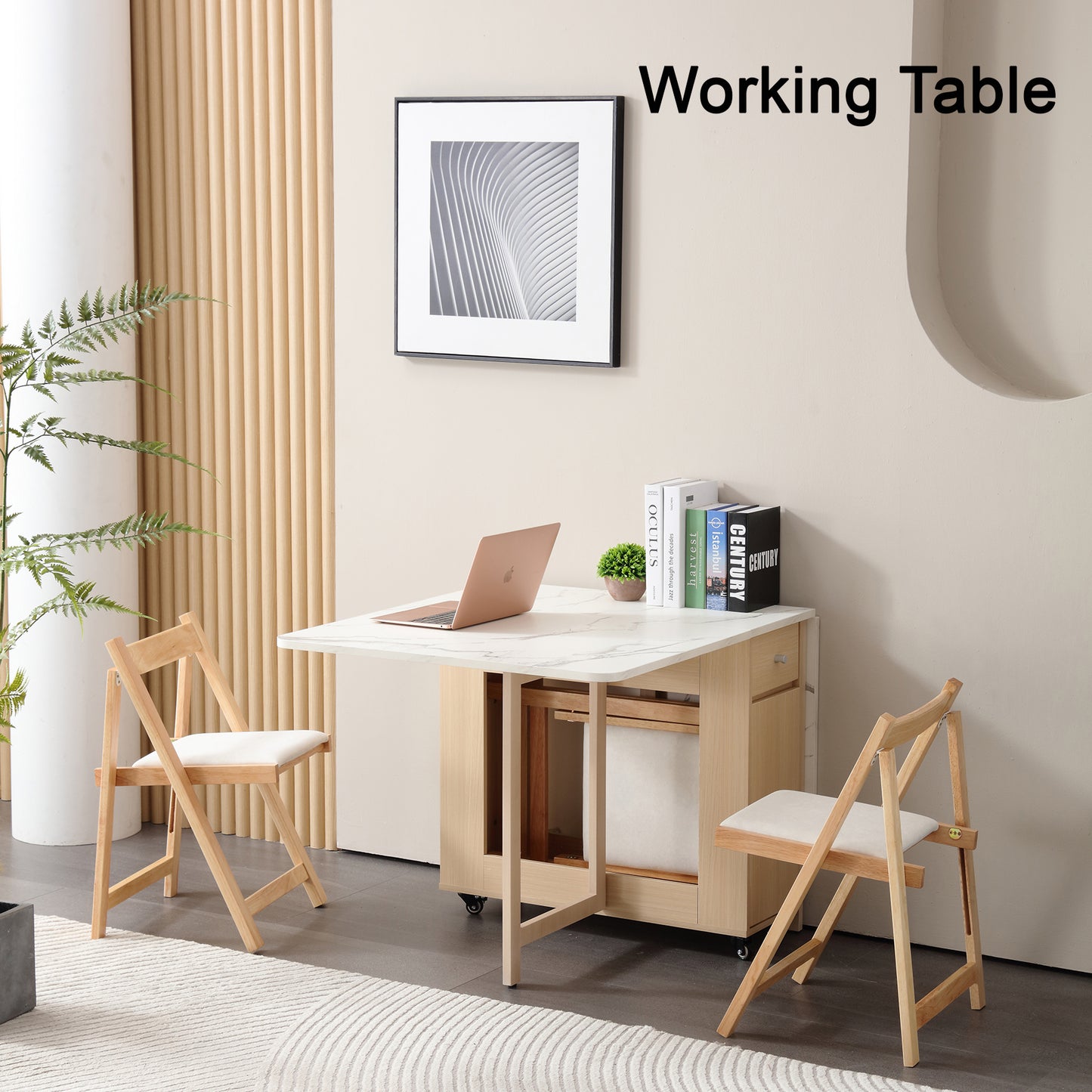 Folding Dining Table, Foldable Table for Space Saving, Drop Leaf Dining Table with 2 Drawers and 4 Wheels, Extendable Dining Table for Living Room, Kitchen, Farmhouse(Wood Marble)