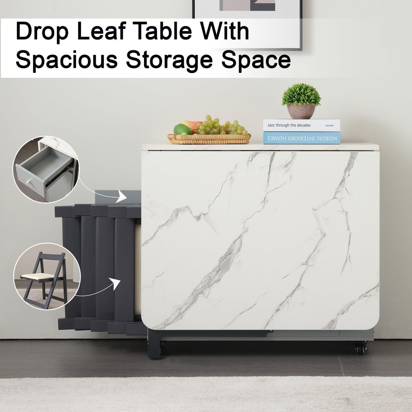 Folding Dining Table, Foldable Table for Space Saving, Drop Leaf Dining Table with 2 Drawers and 4 Wheels, Extendable Dining Table for Living Room, Kitchen, Farmhouse(Grey Marble )