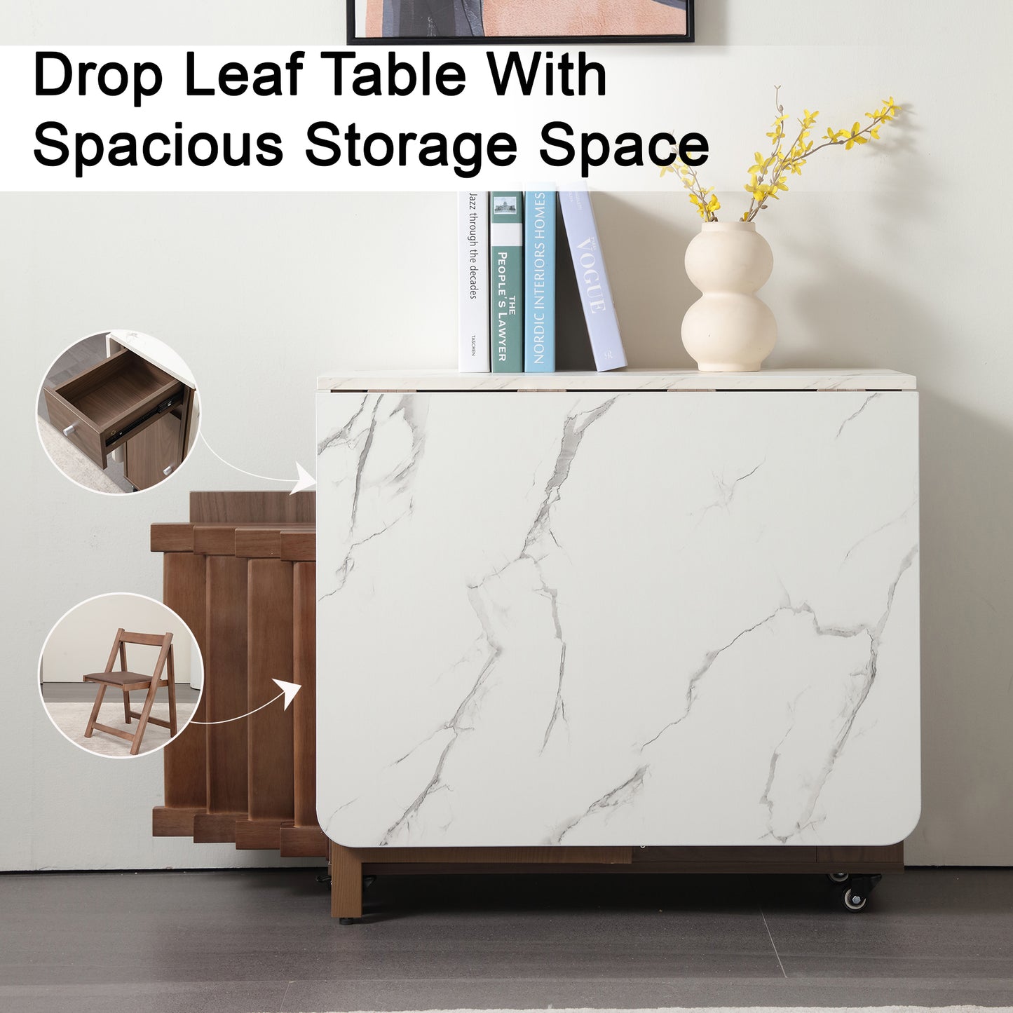 Folding Dining Table, Foldable Table for Space Saving, Drop Leaf Dining Table with 2 Drawers and 4 Wheels, Extendable Dining Table for Living Room, Kitchen, Farmhouse(Walnut Marble)