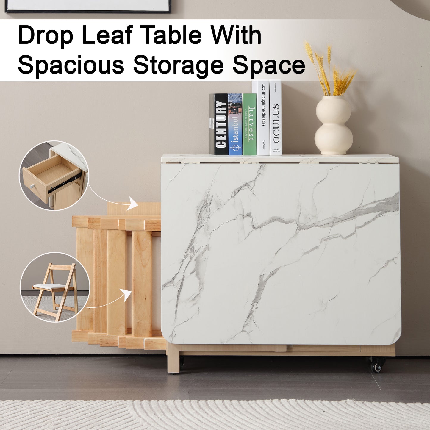Folding Dining Table, Foldable Table for Space Saving, Drop Leaf Dining Table with 2 Drawers and 4 Wheels, Extendable Dining Table for Living Room, Kitchen, Farmhouse(Wood Marble)