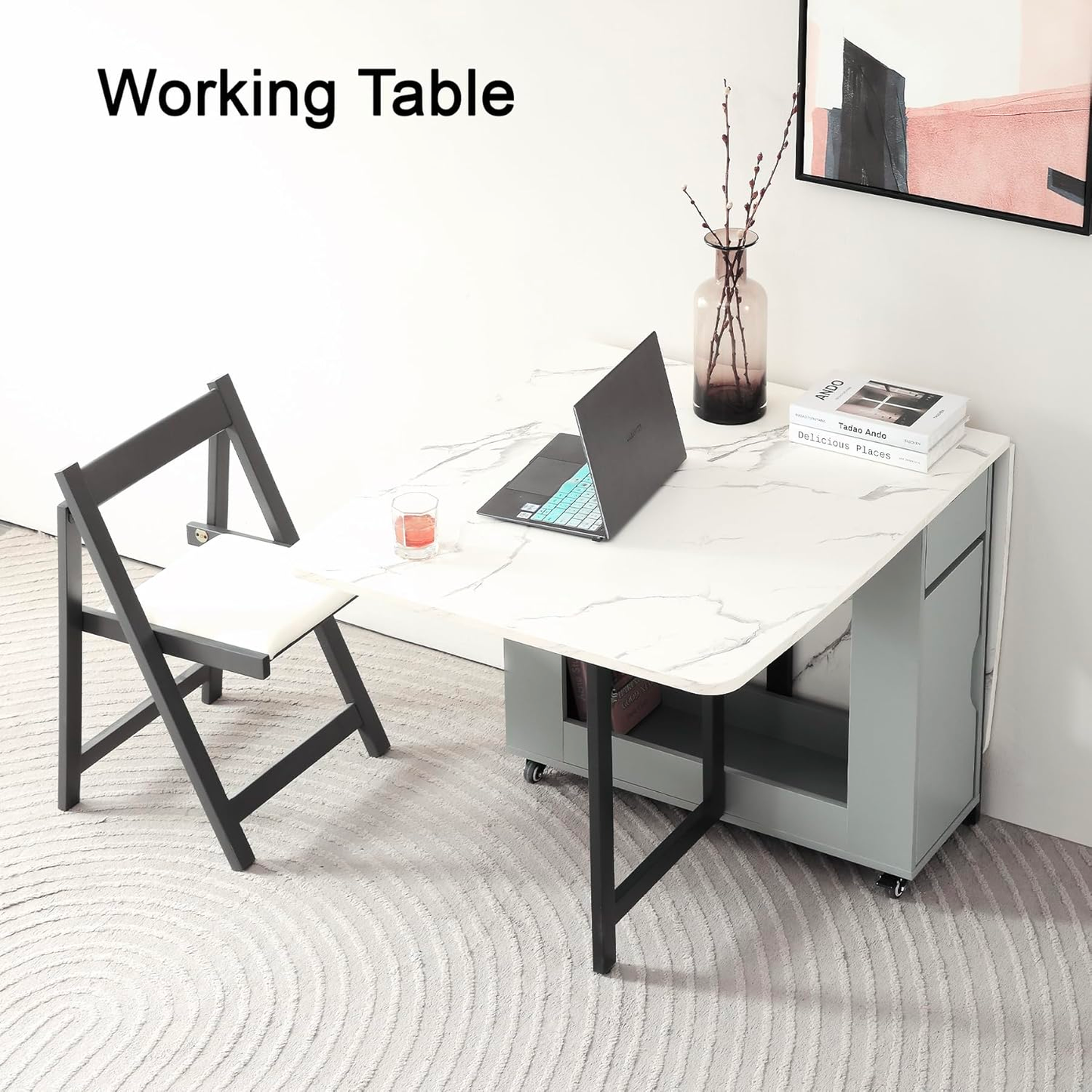 Folding Dining Table, Foldable Table for Space Saving, Drop Leaf Dining Table with 2 Drawers and 4 Wheels, Extendable Dining Table for Living Room, Kitchen, Farmhouse(Grey Marble )