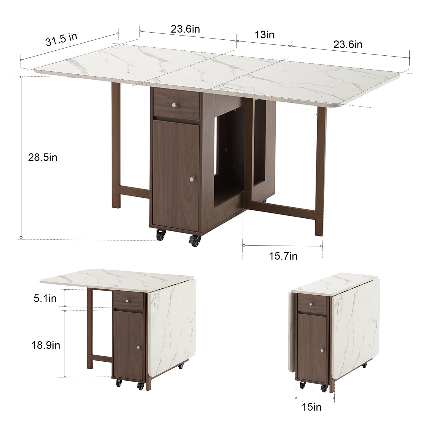 Folding Dining Table, Foldable Table for Space Saving, Drop Leaf Dining Table with 2 Drawers and 4 Wheels, Extendable Dining Table for Living Room, Kitchen, Farmhouse(Walnut Marble)