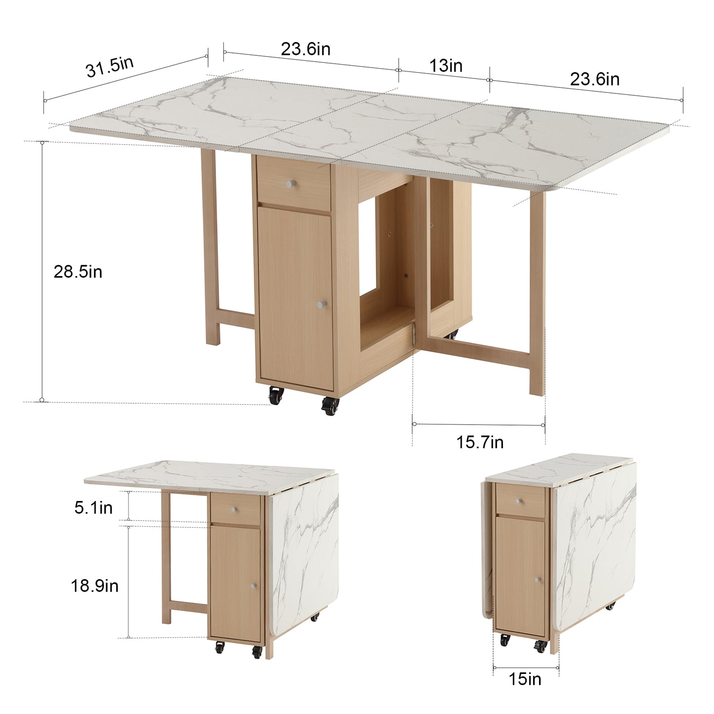 Folding Dining Table, Foldable Table for Space Saving, Drop Leaf Dining Table with 2 Drawers and 4 Wheels, Extendable Dining Table for Living Room, Kitchen, Farmhouse(Wood Marble)