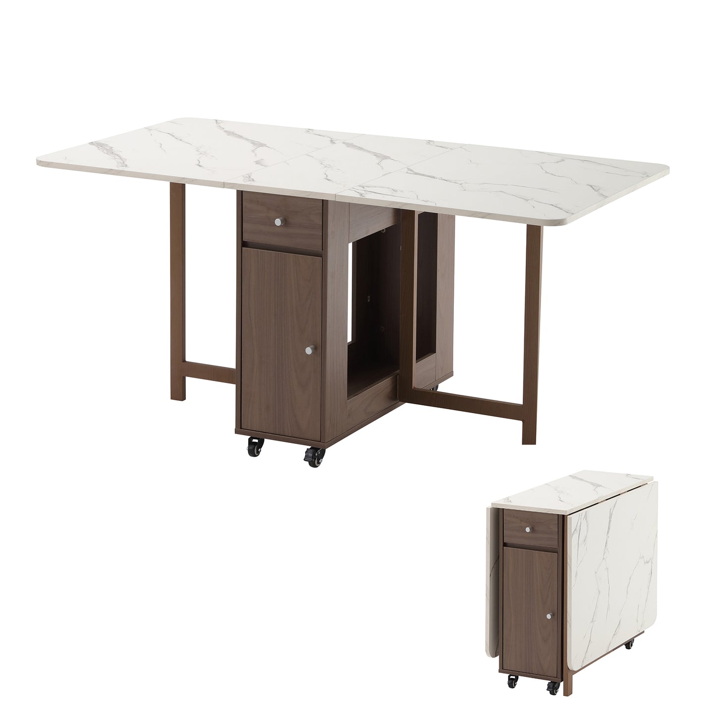 Folding Dining Table, Foldable Table for Space Saving, Drop Leaf Dining Table with 2 Drawers and 4 Wheels, Extendable Dining Table for Living Room, Kitchen, Farmhouse(Walnut Marble)