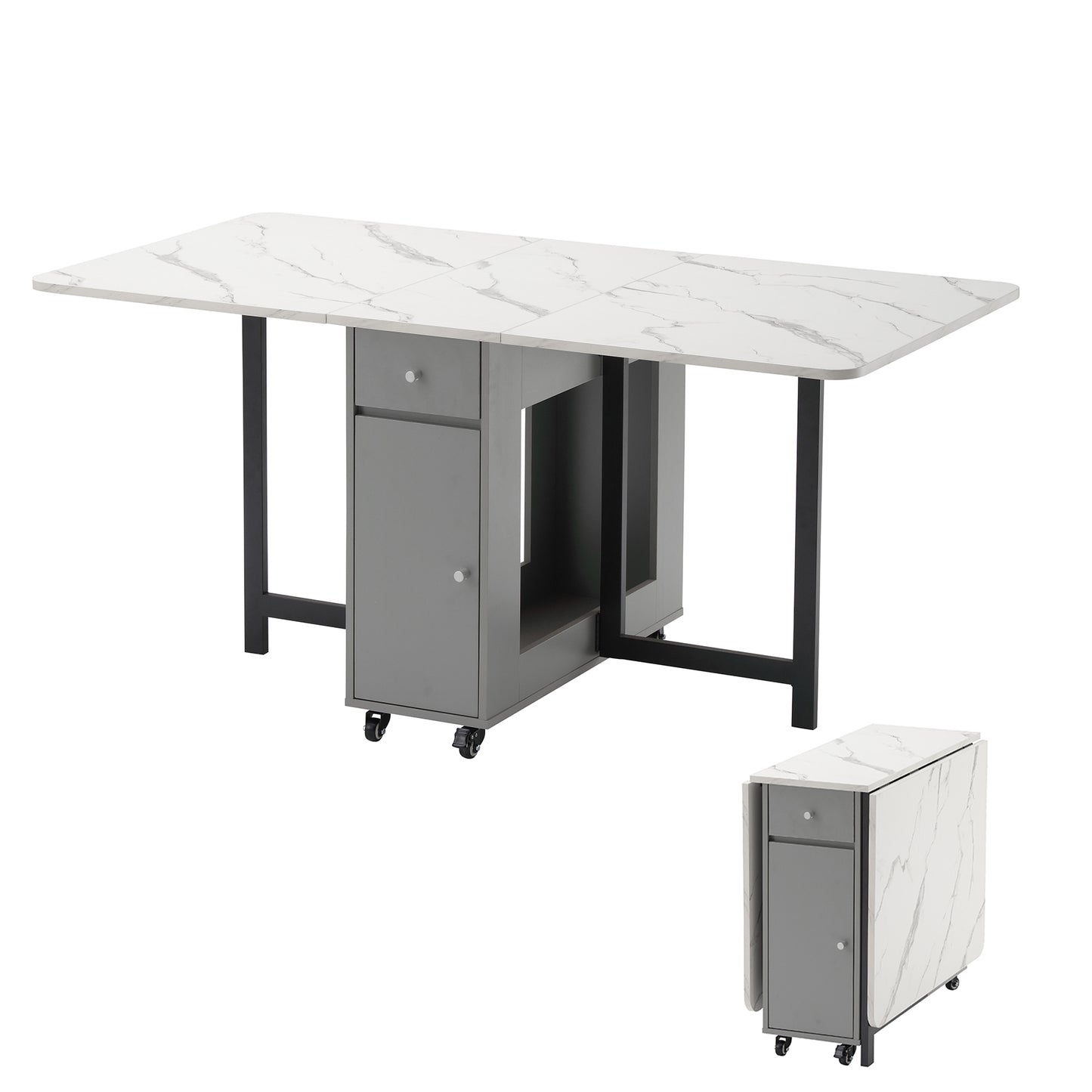 Folding Dining Table, Foldable Table for Space Saving, Drop Leaf Dining Table with 2 Drawers and 4 Wheels, Extendable Dining Table for Living Room, Kitchen, Farmhouse(Grey Marble )