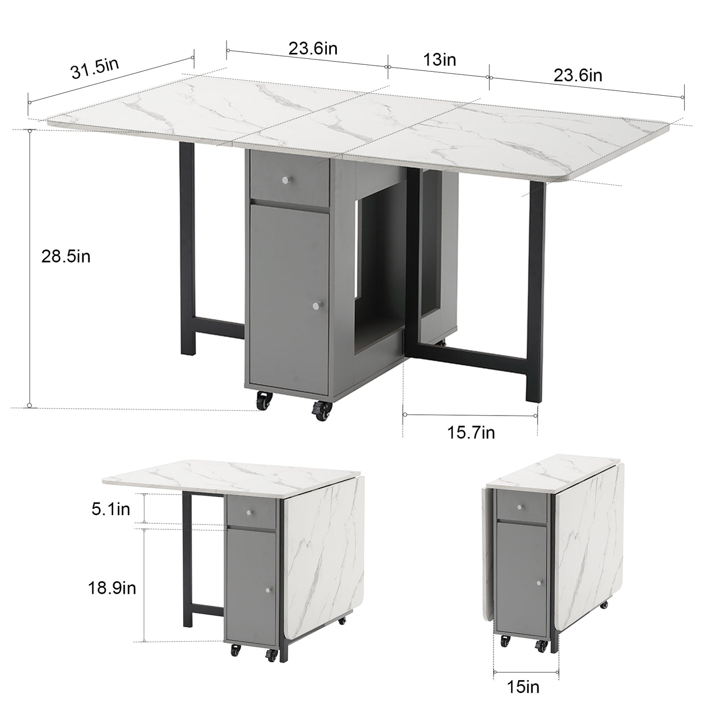 Folding Dining Table, Foldable Table for Space Saving, Drop Leaf Dining Table with 2 Drawers and 4 Wheels, Extendable Dining Table for Living Room, Kitchen, Farmhouse(Grey Marble )
