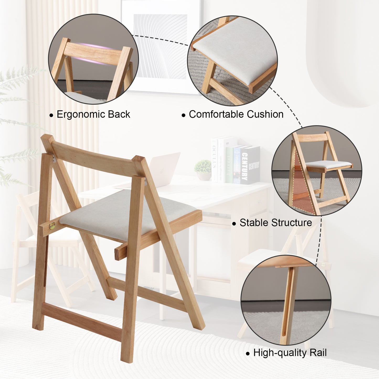 zenHarmet Folding Dining Chairs with Cushion,  Padded Folding Chairs Lightweight, Modern Folding Patio Chairs, Wooden Dining Chairs, Foldable Chairs Set of 2 for Camping, Picnic, Office, Party (Wood)