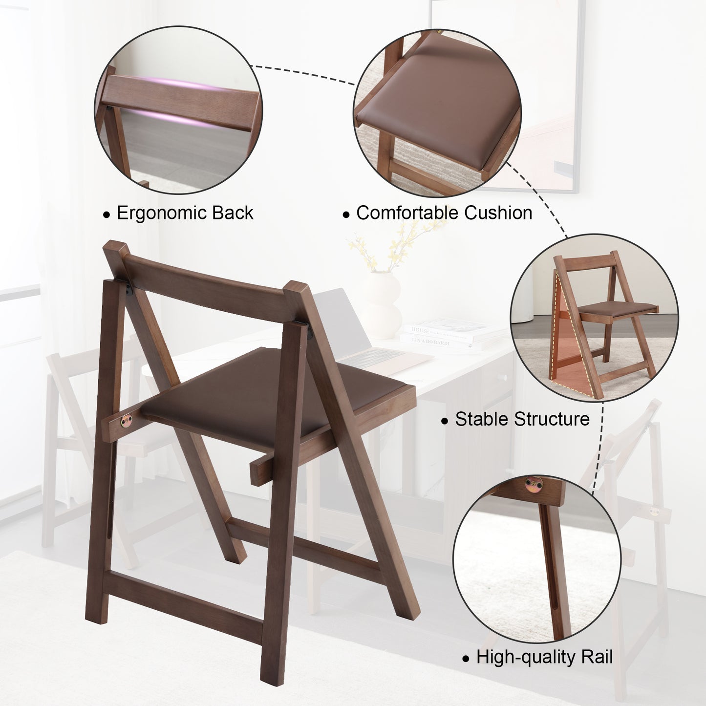 zenHarmet Folding Dining Chairs with Cushion,  Padded Folding Chairs Lightweight, Modern Folding Patio Chairs, Wooden Dining Chairs, Foldable Chairs Set of 2 for Camping, Picnic, Office, Party, Walnut