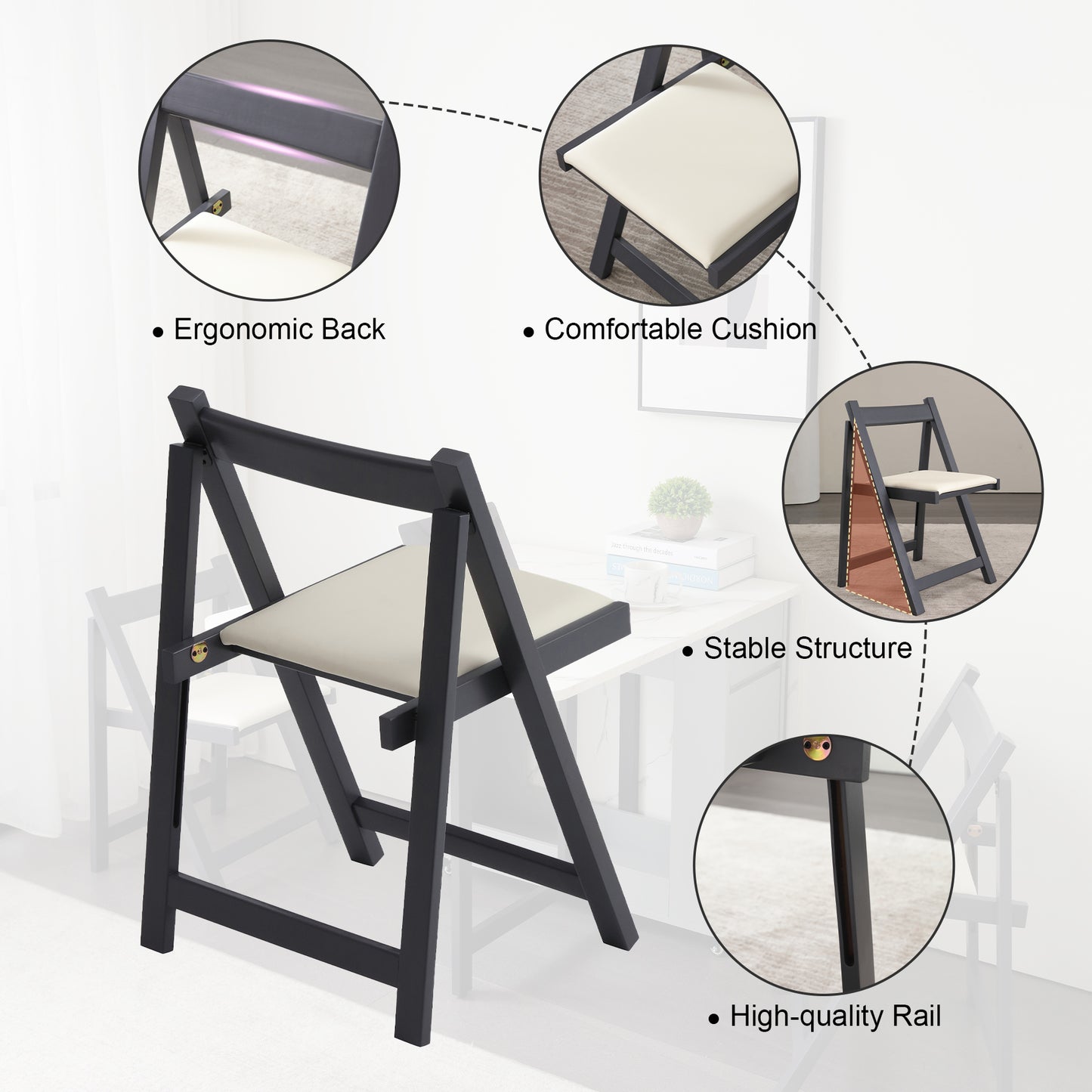 zenHarmet Folding Dining Chairs with Cushion,  Padded Folding Chairs Lightweight, Modern Folding Patio Chairs, Wooden Dining Chairs, Foldable Chairs Set of 2 for Camping, Picnic, Office, Party (Grey)