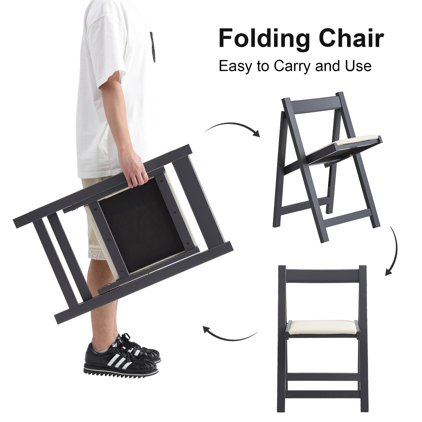 zenHarmet Folding Dining Chairs with Cushion,  Padded Folding Chairs Lightweight, Modern Folding Patio Chairs, Wooden Dining Chairs, Foldable Chairs Set of 2 for Camping, Picnic, Office, Party (Grey)
