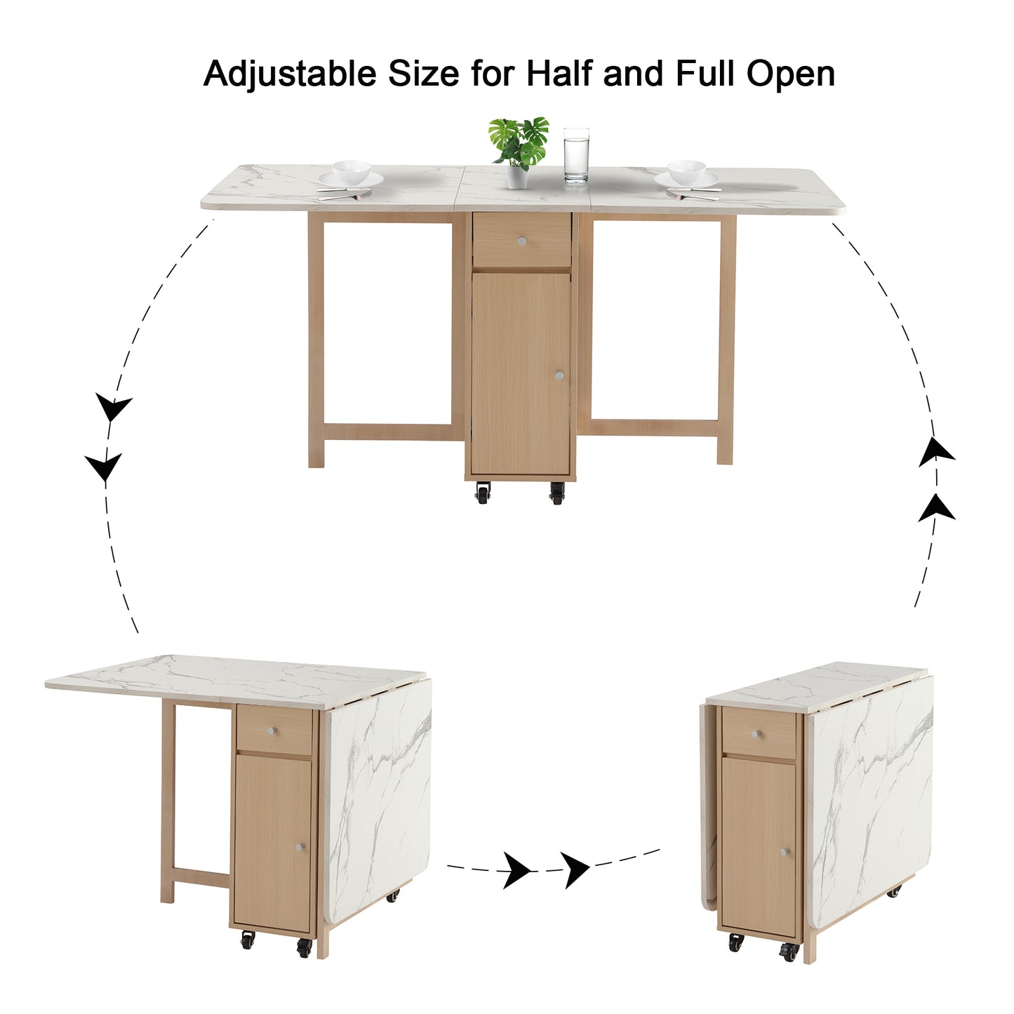 Folding Dining Table, Foldable Table for Space Saving, Drop Leaf Dining Table with 2 Drawers and 4 Wheels, Extendable Dining Table for Living Room, Kitchen, Farmhouse(Wood Marble)