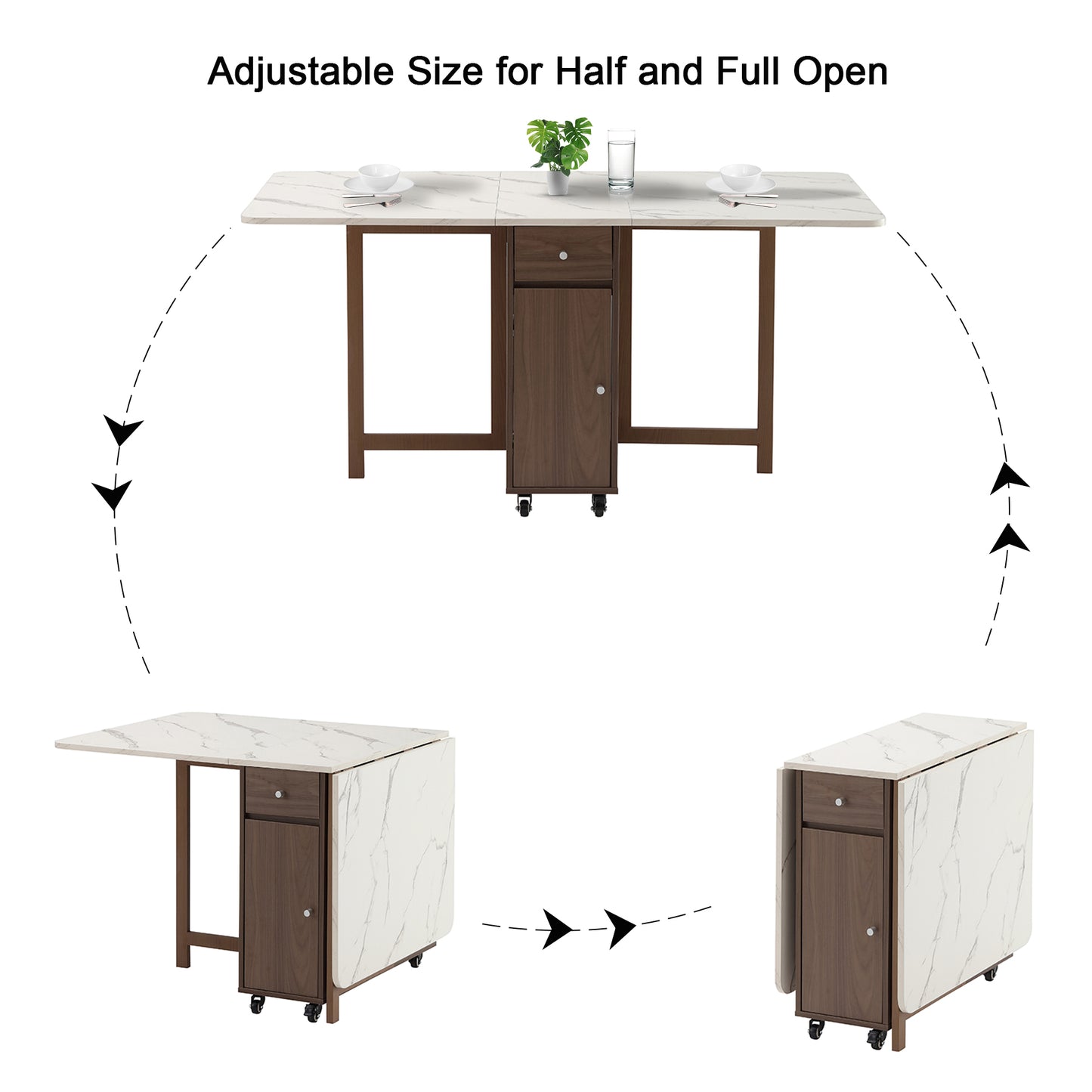 Folding Dining Table, Foldable Table for Space Saving, Drop Leaf Dining Table with 2 Drawers and 4 Wheels, Extendable Dining Table for Living Room, Kitchen, Farmhouse(Walnut Marble)