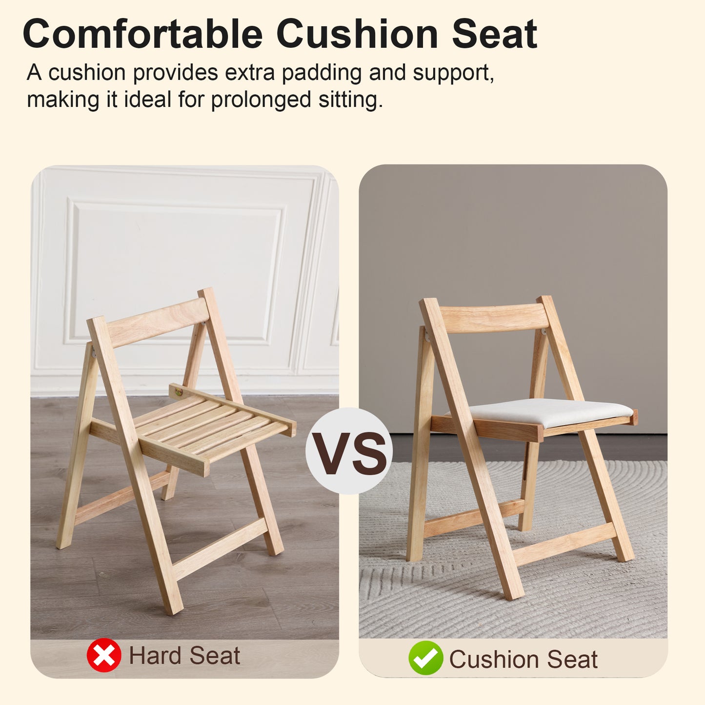 zenHarmet Folding Dining Chairs with Cushion,  Padded Folding Chairs Lightweight, Modern Folding Patio Chairs, Wooden Dining Chairs, Foldable Chairs Set of 2 for Camping, Picnic, Office, Party (Wood)