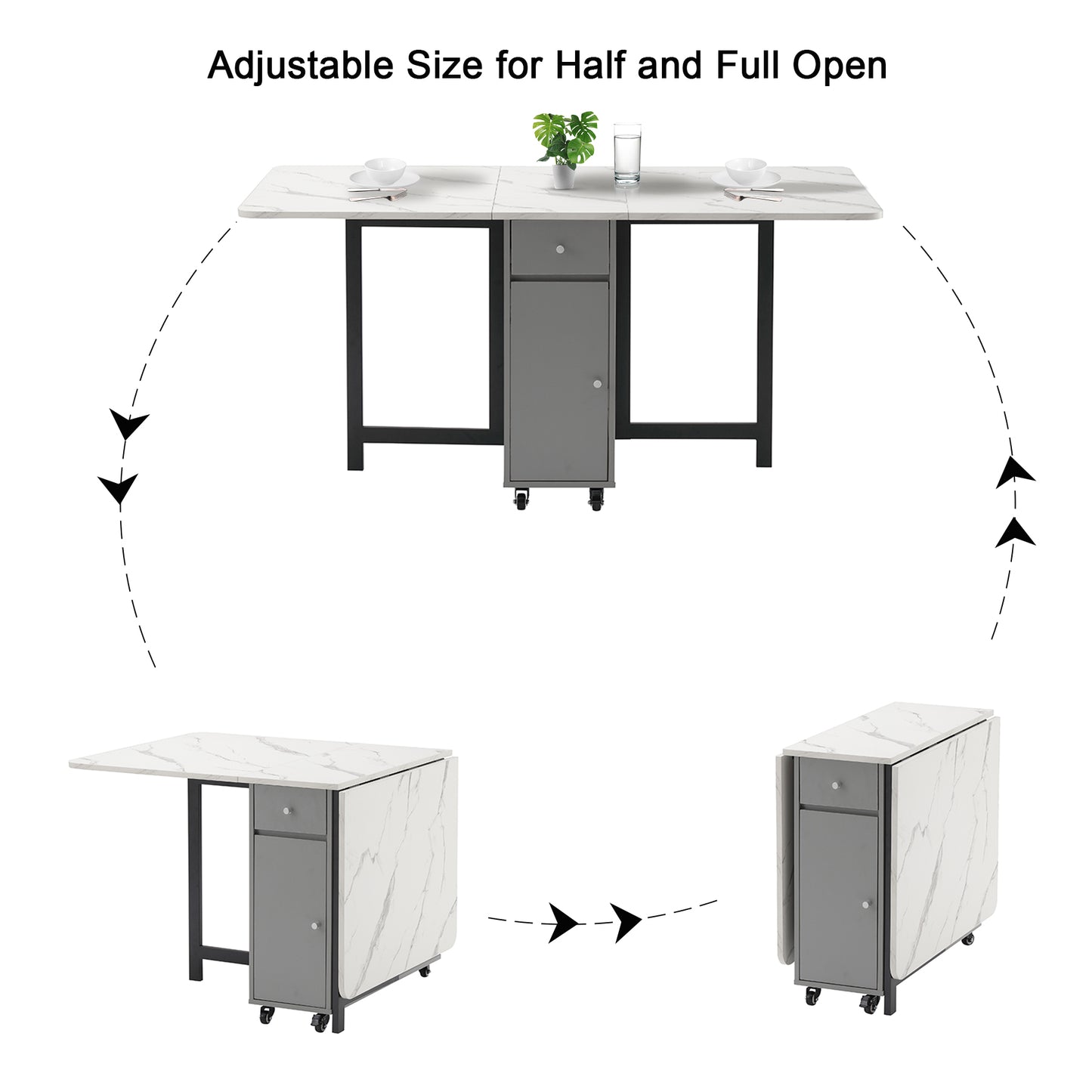 Folding Dining Table, Foldable Table for Space Saving, Drop Leaf Dining Table with 2 Drawers and 4 Wheels, Extendable Dining Table for Living Room, Kitchen, Farmhouse(Grey Marble )
