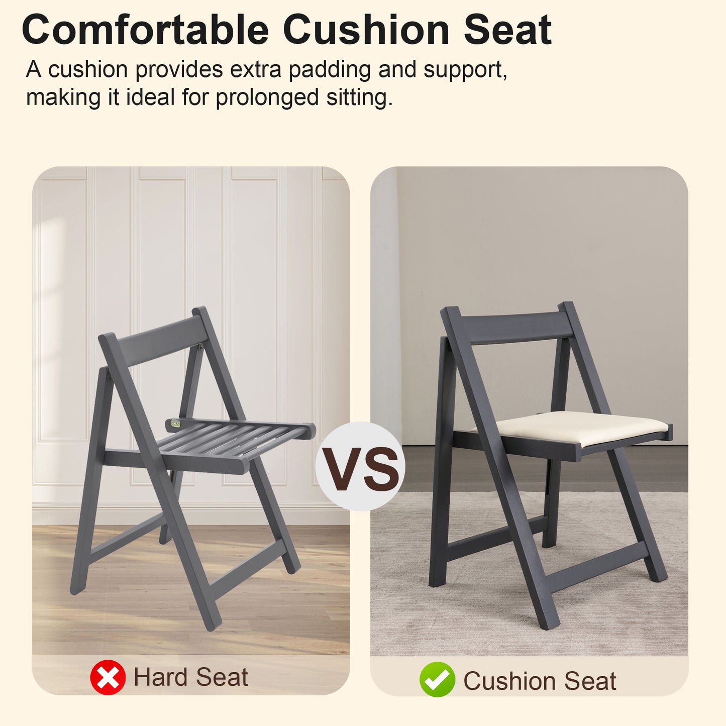 zenHarmet Folding Dining Chairs with Cushion,  Padded Folding Chairs Lightweight, Modern Folding Patio Chairs, Wooden Dining Chairs, Foldable Chairs Set of 2 for Camping, Picnic, Office, Party (Grey)