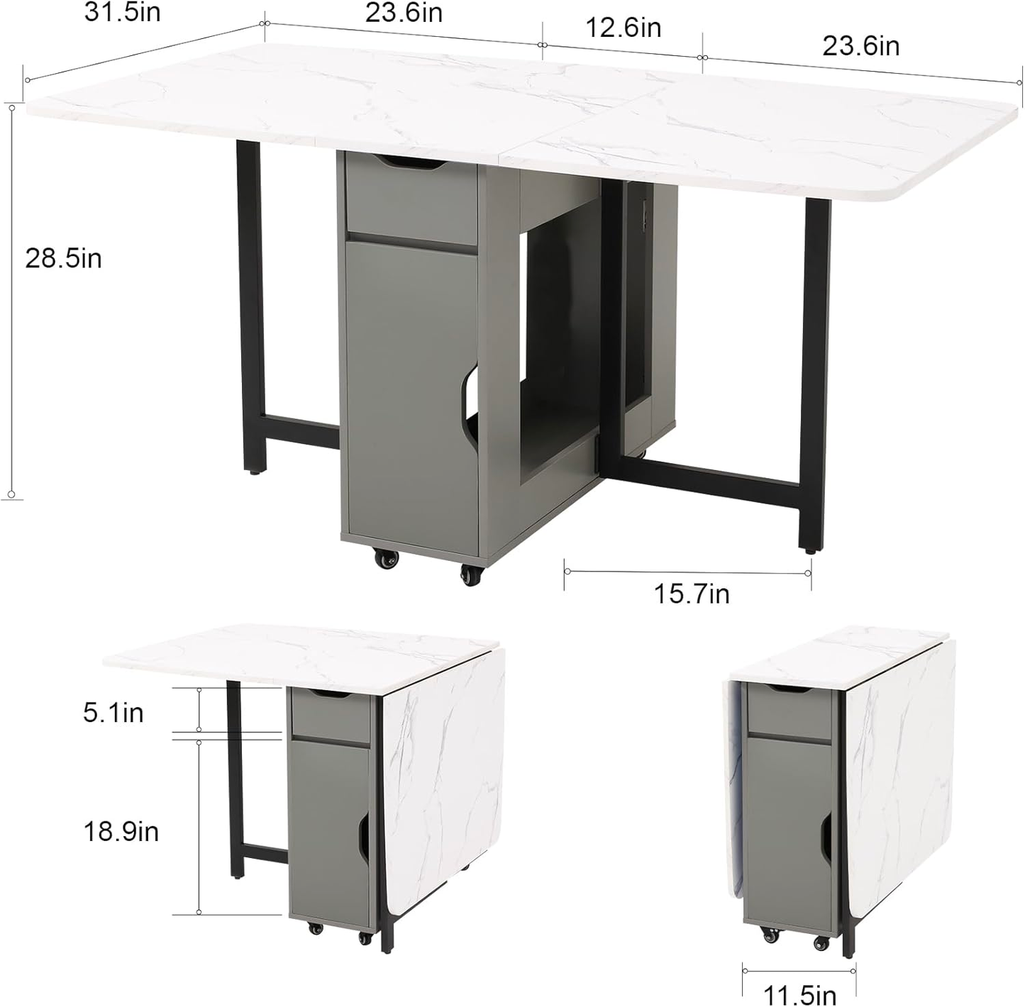 Folding Dining Table, Foldable Table for Space Saving, Drop Leaf Dining Table with 2 Drawers and 4 Wheels, Extendable Dining Table for Living Room, Kitchen, Farmhouse(Grey Marble )