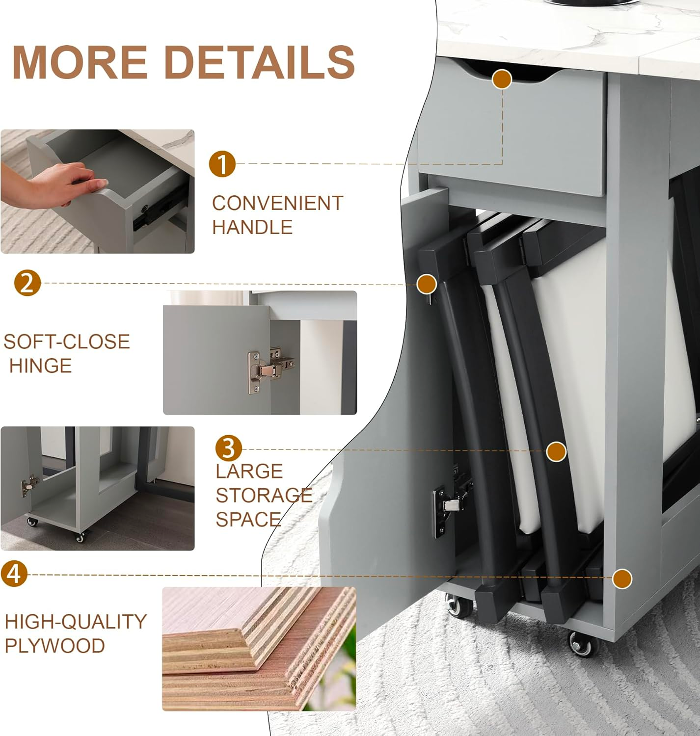 Folding Dining Table, Foldable Table for Space Saving, Drop Leaf Dining Table with 2 Drawers and 4 Wheels, Extendable Dining Table for Living Room, Kitchen, Farmhouse(Grey Marble )