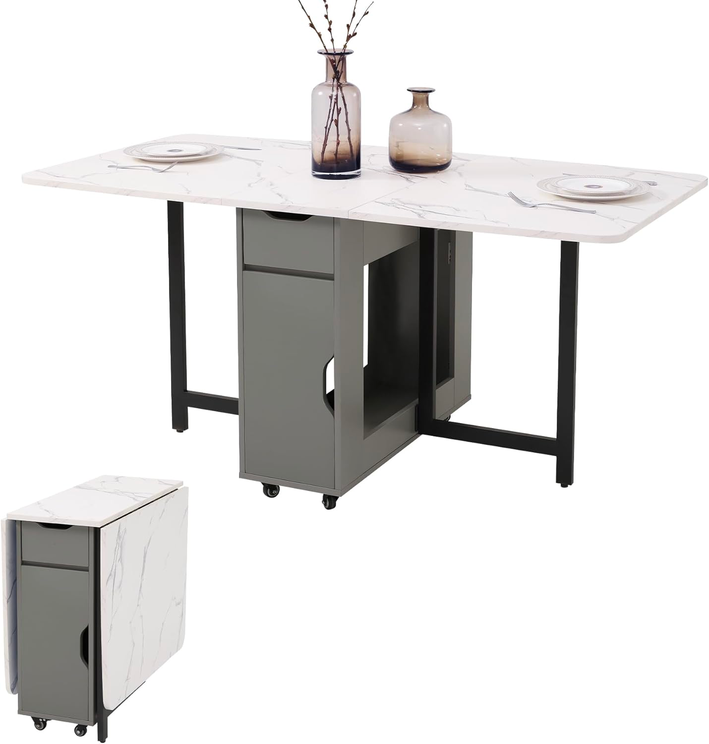 Folding Dining Table, Foldable Table for Space Saving, Drop Leaf Dining Table with 2 Drawers and 4 Wheels, Extendable Dining Table for Living Room, Kitchen, Farmhouse(Grey Marble )